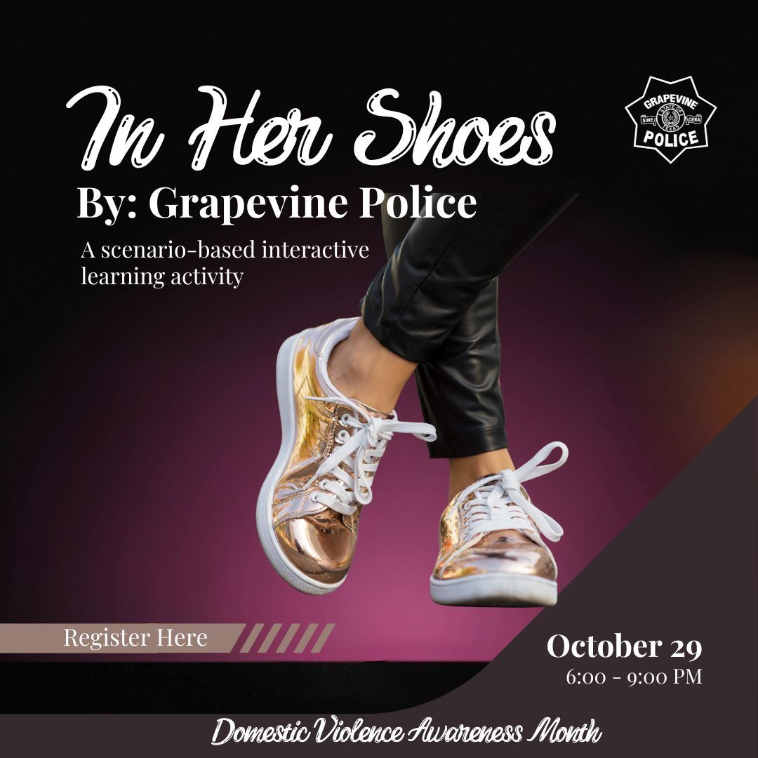 Woman's ankles crossed inside poster advertising domestic violence event