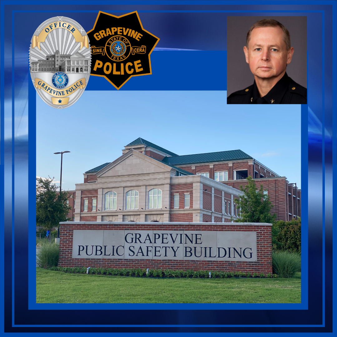 Grapevine Public Safety Building framed in blue by photos of Chief Mike Hamlin, Grapevine Police Pat